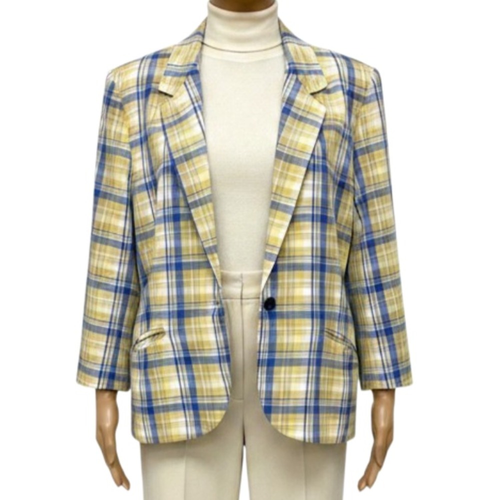 Vintage Chadwicks Womens 14 Plaid Blazer Jacket Blue Yellow Cotton Y2K Clueless